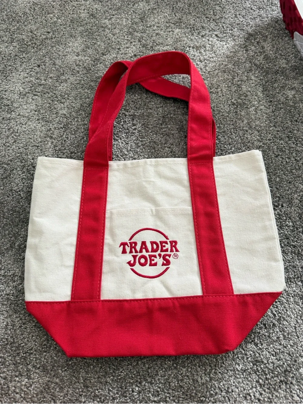 Trader Joe's Cream and Red Canvas Tote Bag